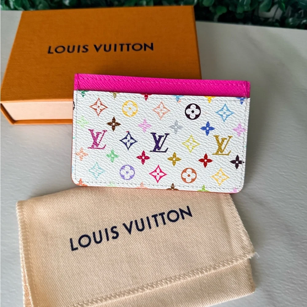 Louis Vuitton White Murakami Multicolor Card Holder with Pink Trim BRAND NEW